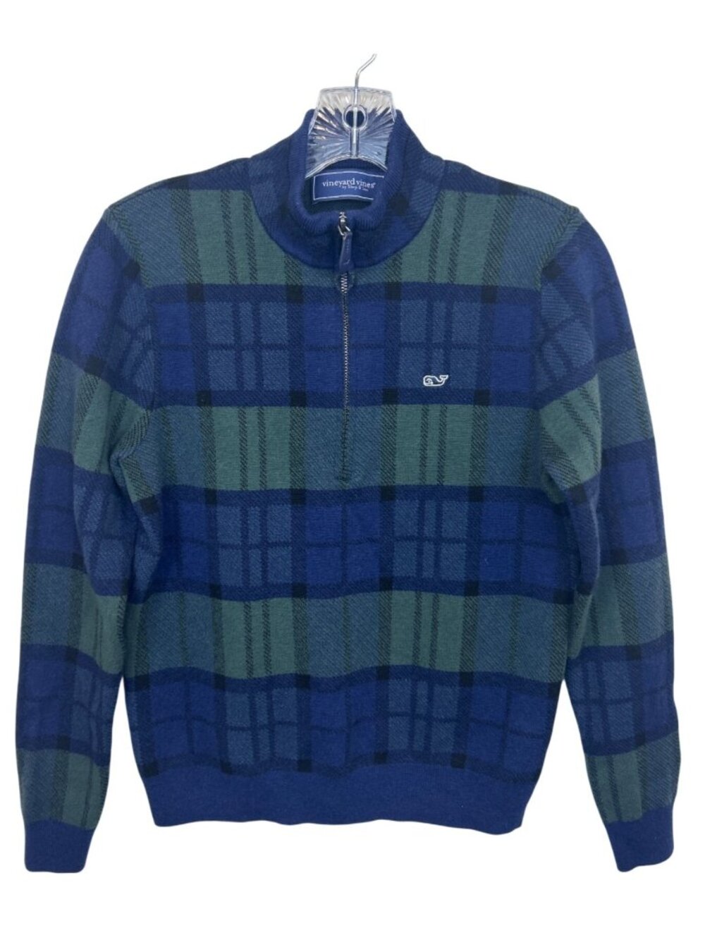 Vineyard Vines Boy's L 1/4 Zip Sweater Blue Green Plaid Wool Cotton Preppy